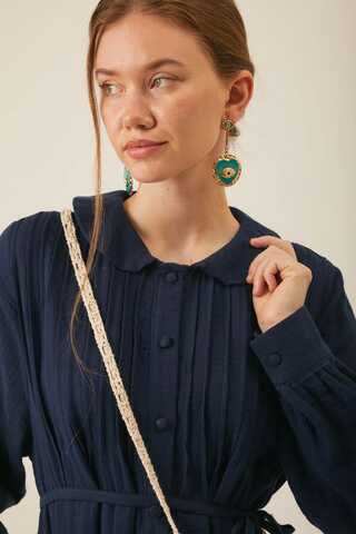 Peter Pan Collar Muslin Dress with Pintuck Details Navy Blue - 2