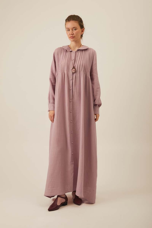 Peter Pan Collar Muslin Dress with Pintuck Details – Powder Pink - 5