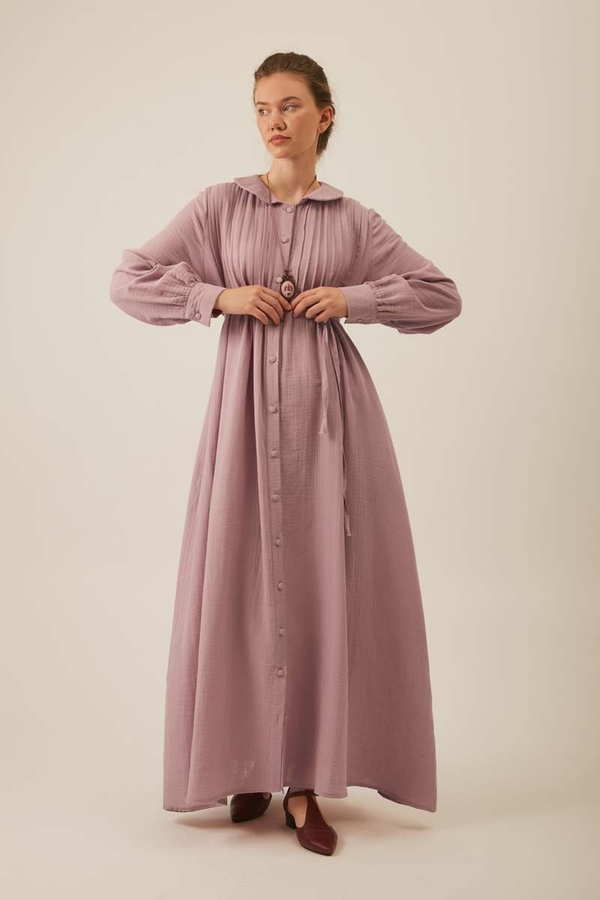 Peter Pan Collar Muslin Dress with Pintuck Details – Powder Pink - 3