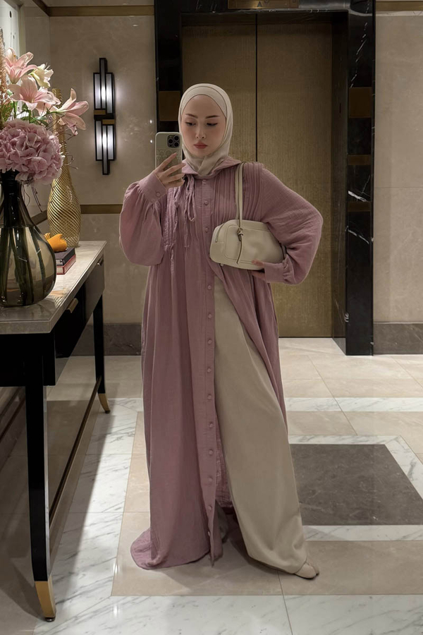 Peter Pan Collar Muslin Dress with Pintuck Details – Powder Pink - 1