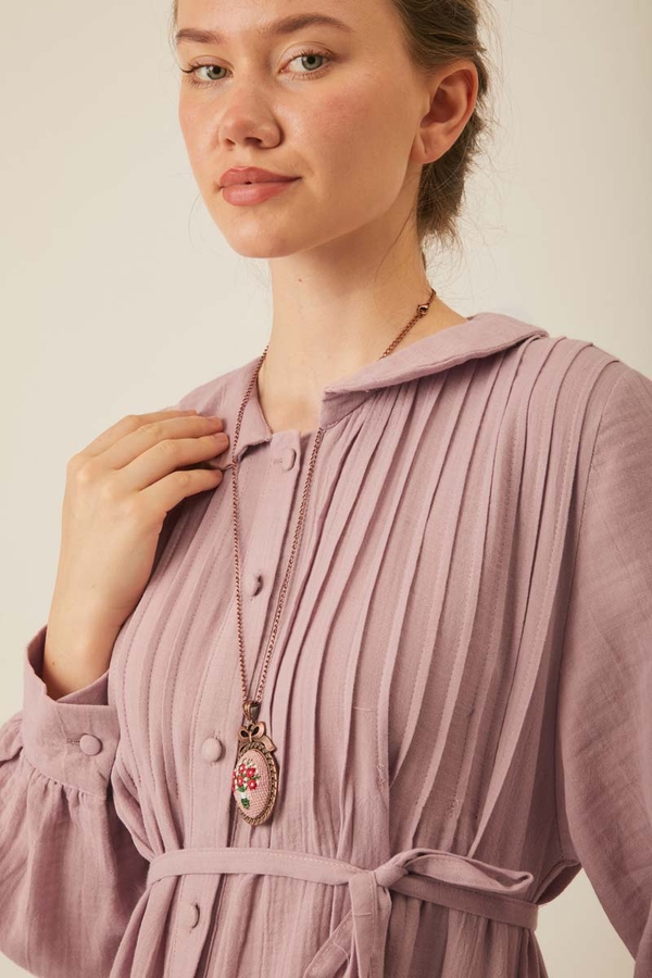 Peter Pan Collar Muslin Dress with Pintuck Details – Powder Pink - 4