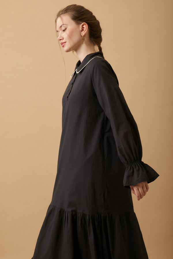 Peter Pan Collar Voile Dress Black - 4