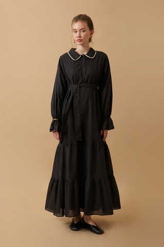 Peter Pan Collar Voile Dress Black - 5