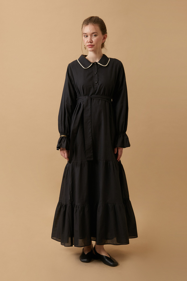 Peter Pan Collar Voile Dress Black - 5