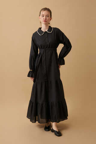 Peter Pan Collar Voile Dress Black - 1