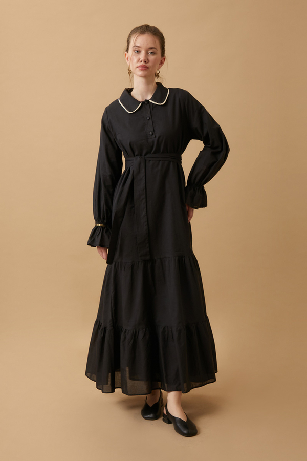 Peter Pan Collar Voile Dress Black - 1