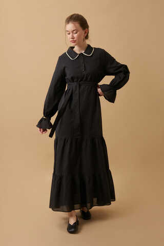 Peter Pan Collar Voile Dress Black - 6