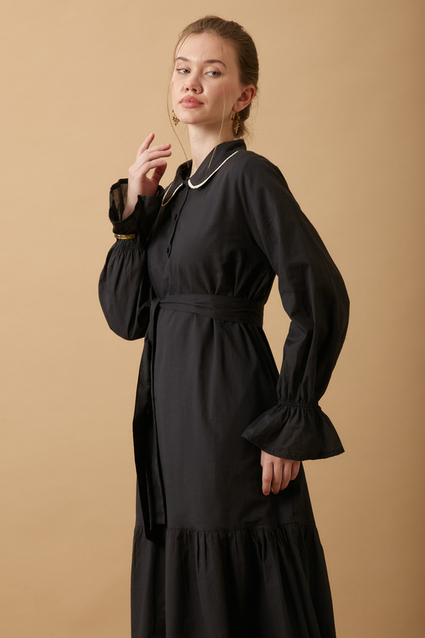 Peter Pan Collar Voile Dress Black - 7