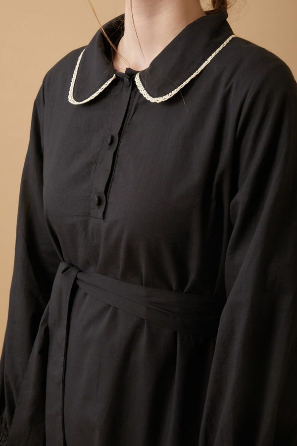 Peter Pan Collar Voile Dress Black - 8