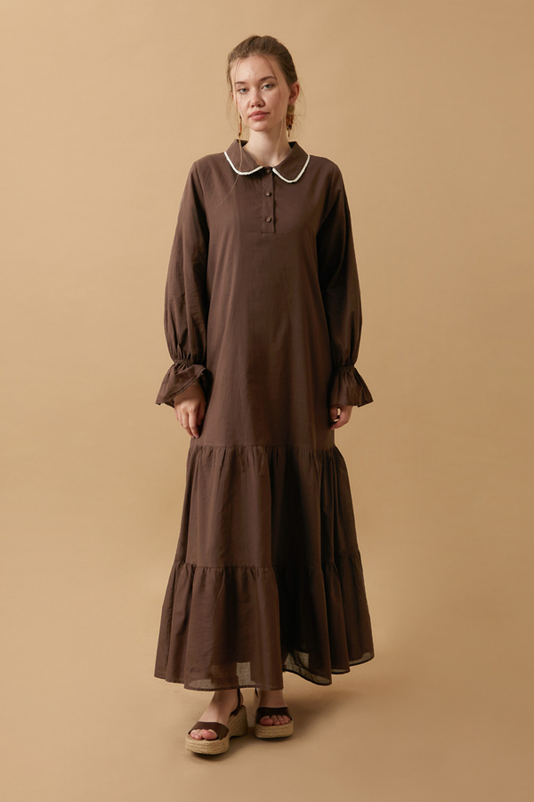 Peter Pan Collar Voile Dress Brown - 2