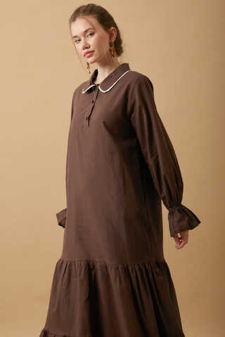 Peter Pan Collar Voile Dress Brown - 3