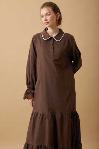 Peter Pan Collar Voile Dress Brown - 7