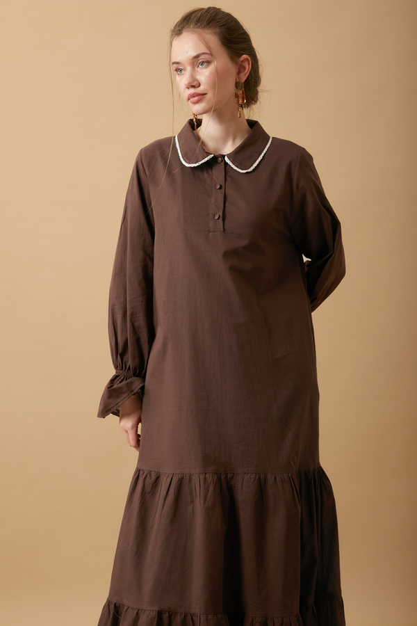 Peter Pan Collar Voile Dress Brown - 7