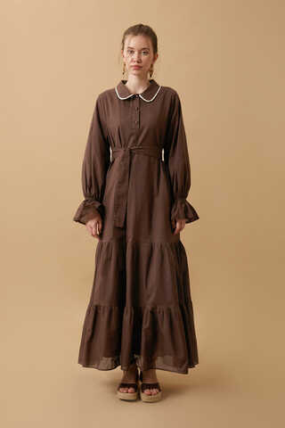 Peter Pan Collar Voile Dress Brown - 6