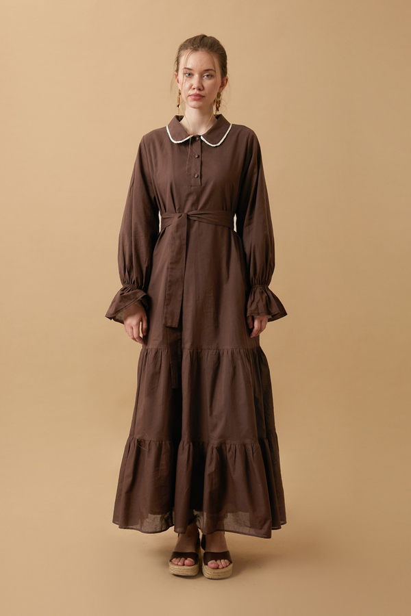 Peter Pan Collar Voile Dress Brown - 6