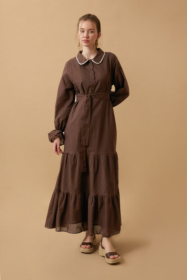 Peter Pan Collar Voile Dress Brown - 8