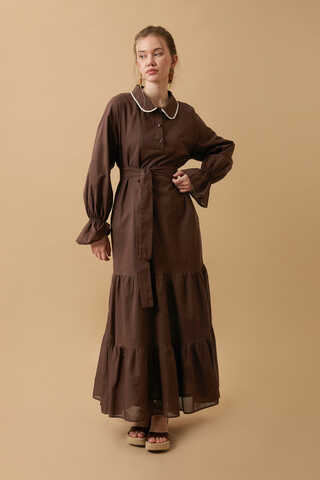 Peter Pan Collar Voile Dress Brown - 9