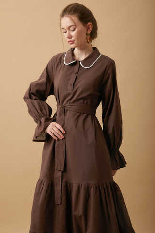 Peter Pan Collar Voile Dress Brown - 10