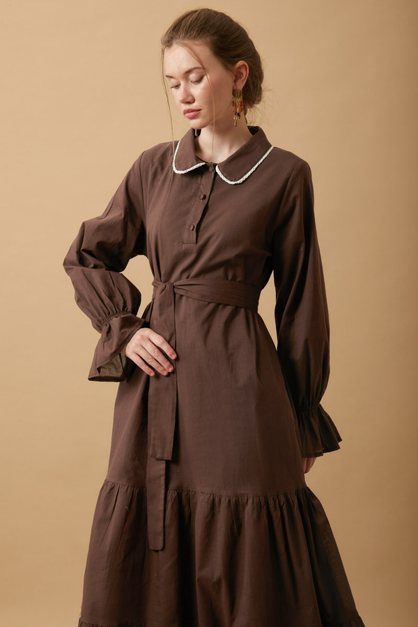Peter Pan Collar Voile Dress Brown - 10