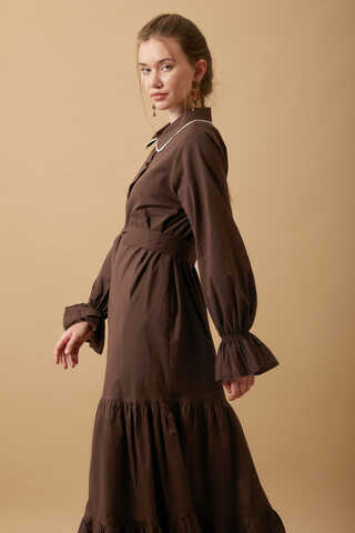 Peter Pan Collar Voile Dress Brown - 5