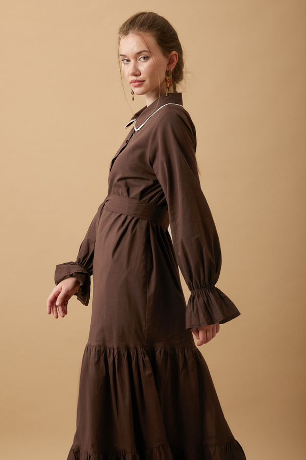 Peter Pan Collar Voile Dress Brown - 5