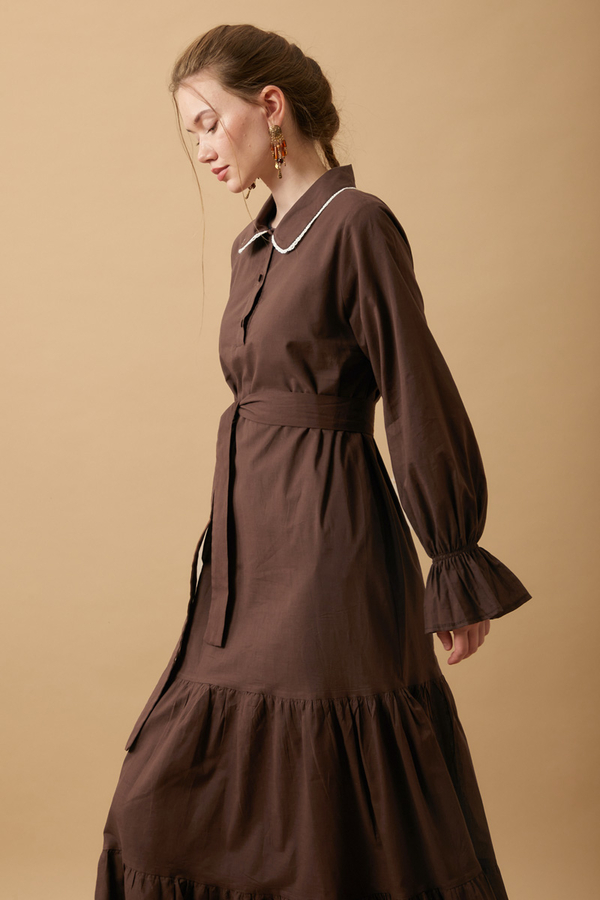 Peter Pan Collar Voile Dress Brown - 1