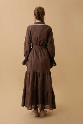 Peter Pan Collar Voile Dress Brown - 11