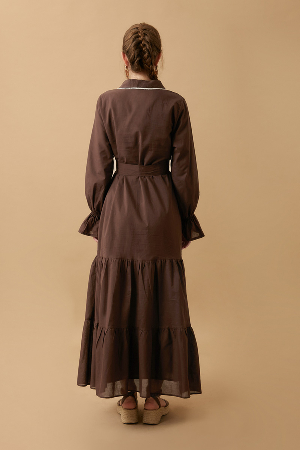 Peter Pan Collar Voile Dress Brown - 11
