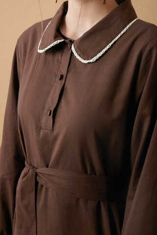 Peter Pan Collar Voile Dress Brown - 4