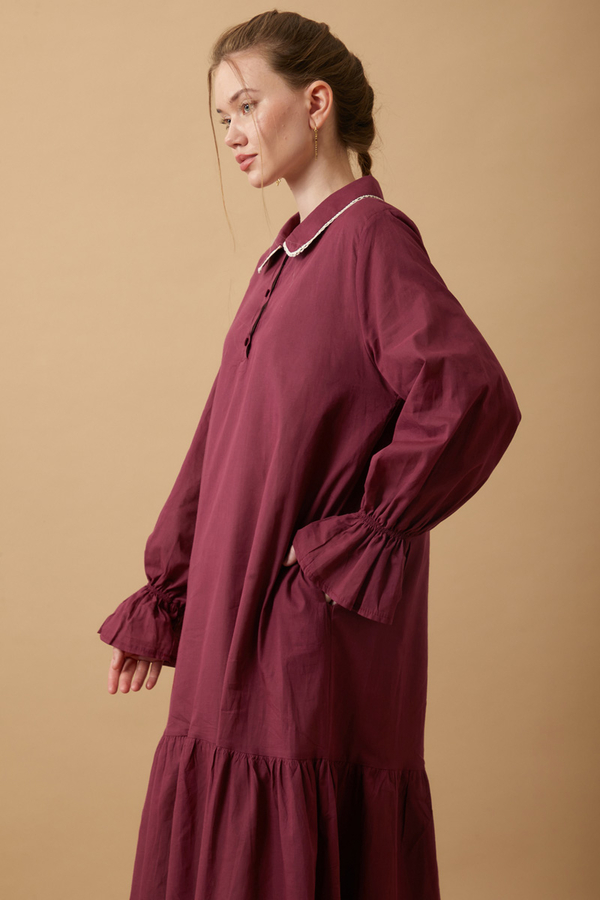 Peter Pan Collar Voile Dress Burgundy - 15