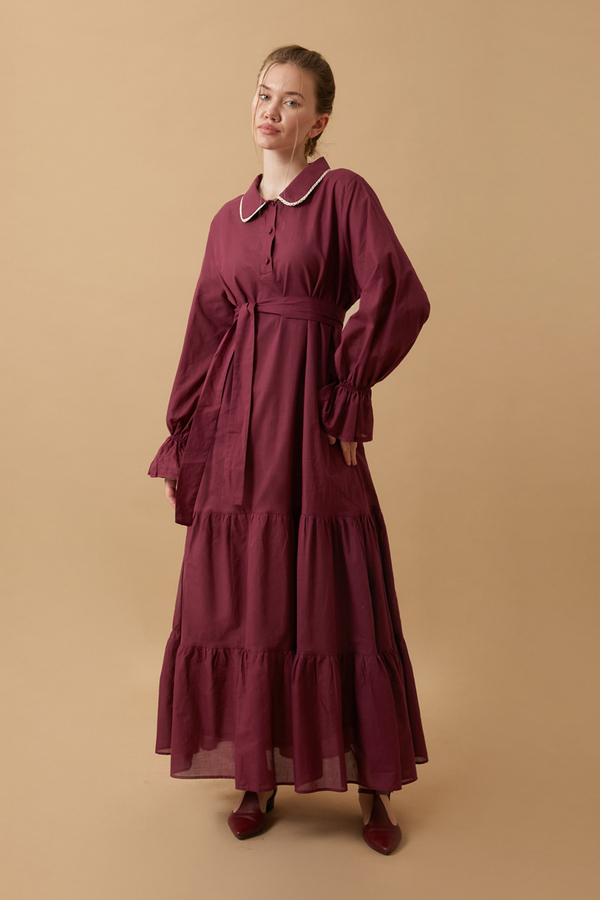 Peter Pan Collar Voile Dress Burgundy - 9