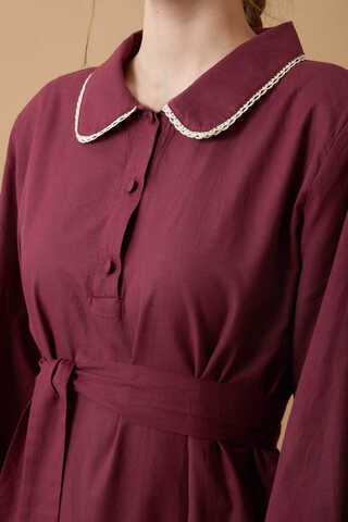 Peter Pan Collar Voile Dress Burgundy - 14