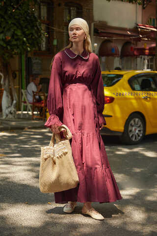 Peter Pan Collar Voile Dress Burgundy - 1
