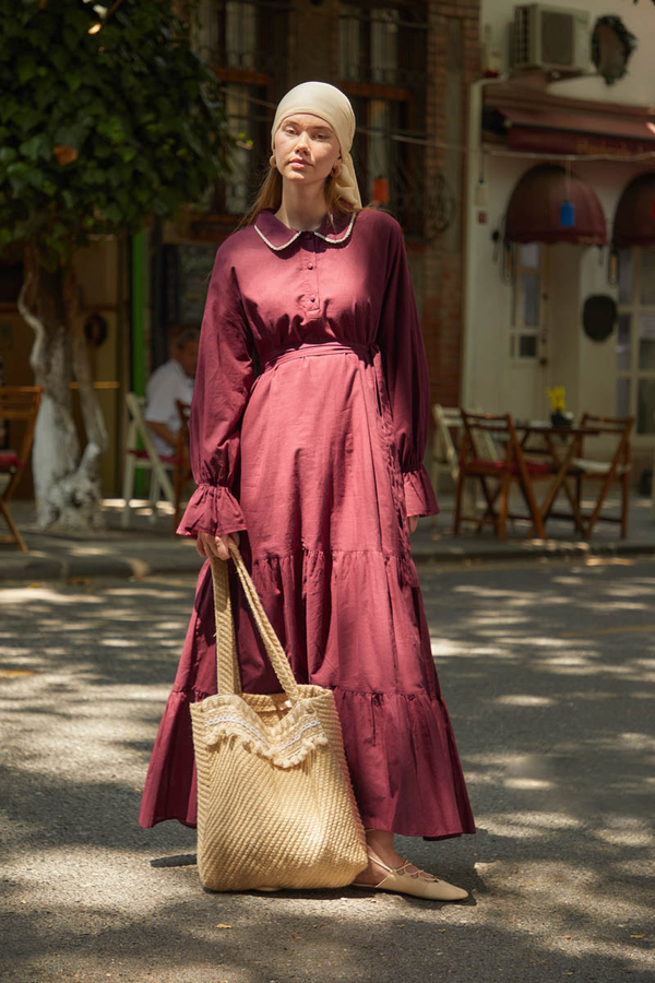 Peter Pan Collar Voile Dress Burgundy - 3