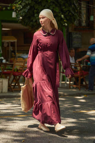 Peter Pan Collar Voile Dress Burgundy - 5