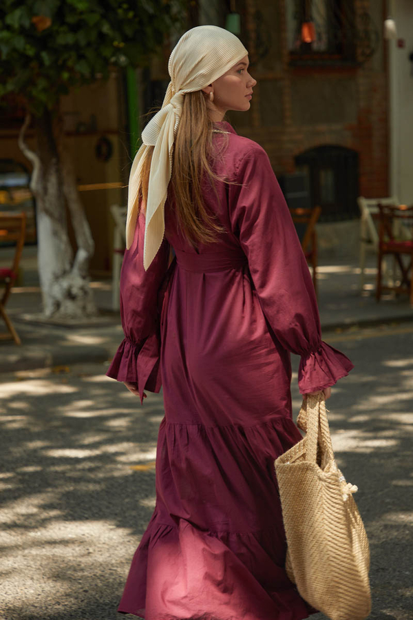 Peter Pan Collar Voile Dress Burgundy - 7