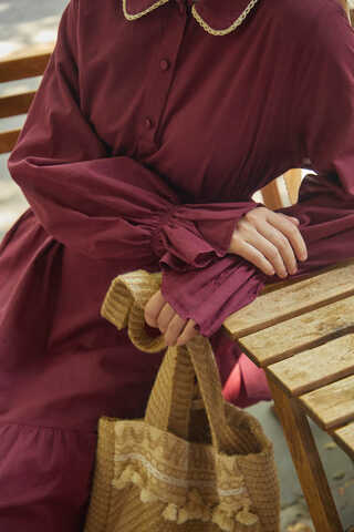 Peter Pan Collar Voile Dress Burgundy - 2