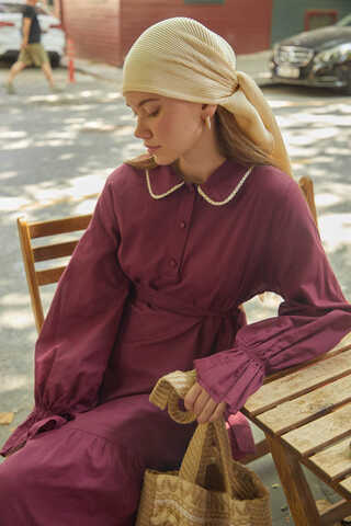Peter Pan Collar Voile Dress Burgundy - 6