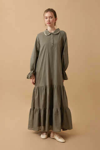 Peter Pan Collar Voile Dress Khaki - 2