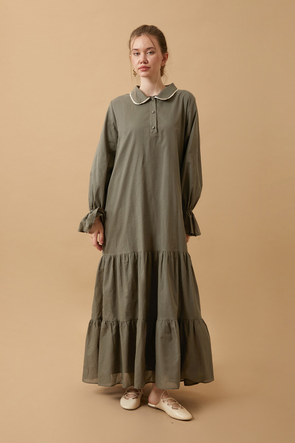 Peter Pan Collar Voile Dress Khaki - 2