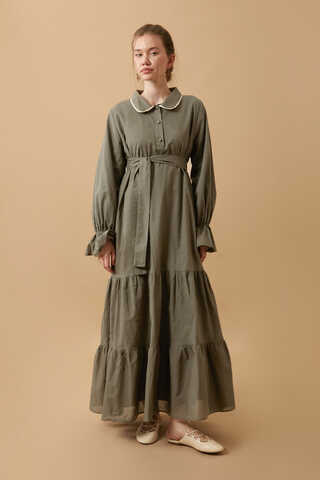 Peter Pan Collar Voile Dress Khaki - 4