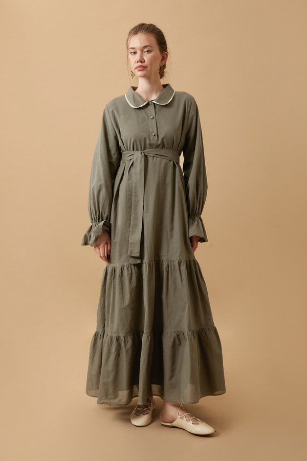 Peter Pan Collar Voile Dress Khaki - 4