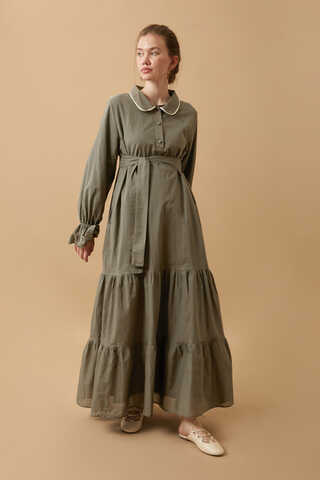 Peter Pan Collar Voile Dress Khaki - 5