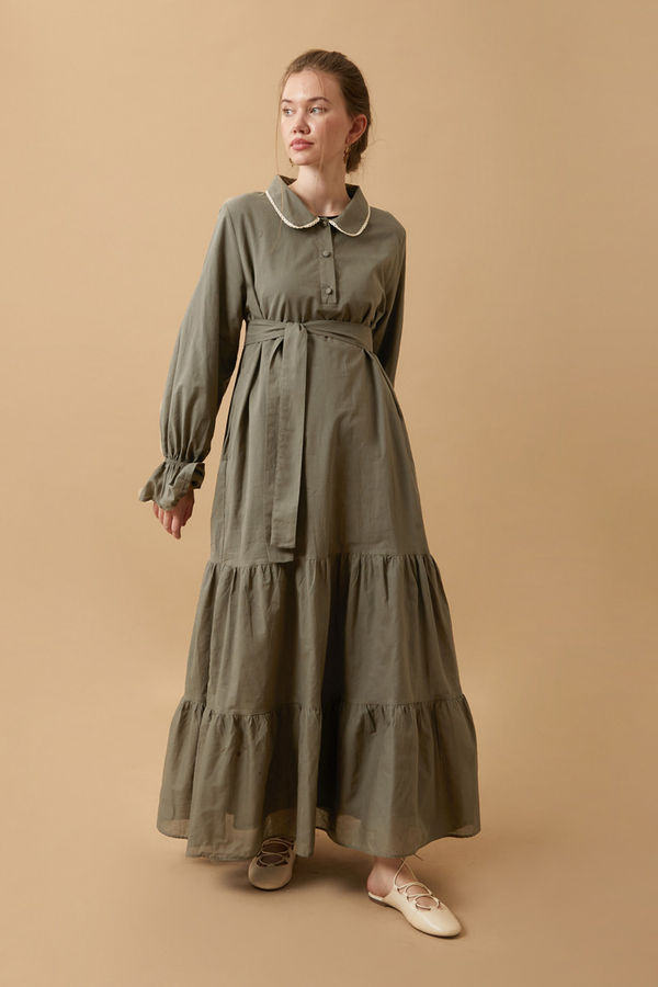 Peter Pan Collar Voile Dress Khaki - 5