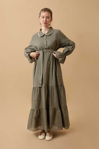 Peter Pan Collar Voile Dress Khaki - 6