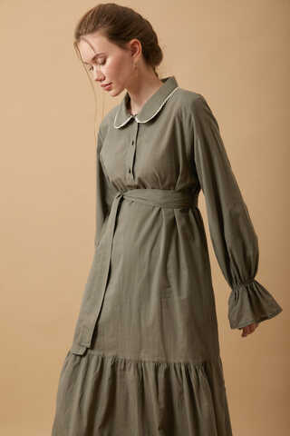 Peter Pan Collar Voile Dress Khaki - 7