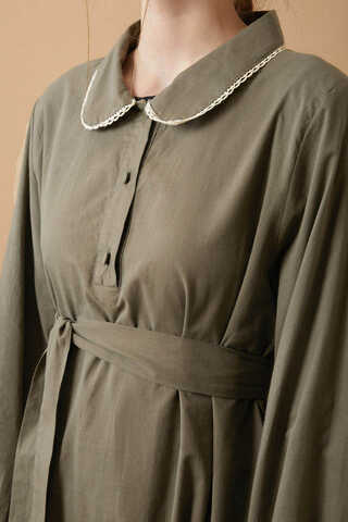 Peter Pan Collar Voile Dress Khaki - 8