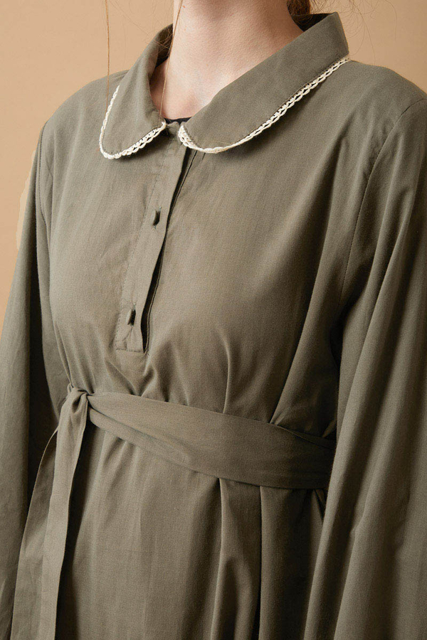 Peter Pan Collar Voile Dress Khaki - 8
