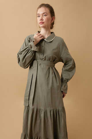 Peter Pan Collar Voile Dress Khaki - 9