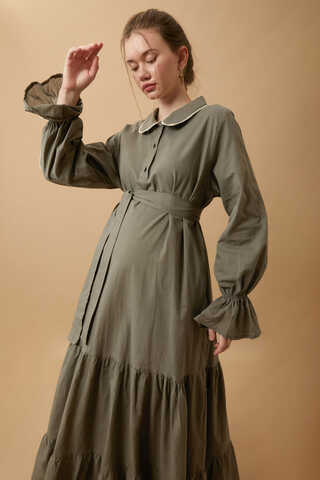 Peter Pan Collar Voile Dress Khaki - 1